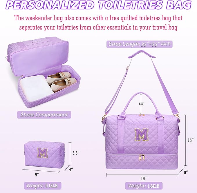 Gifts for Teenage Girl Initial Travel Duffle Bag Quilted Weekender Bags Carry-On Overnight with Cosmetic Bag, Gym Bag with Shoe Compartment Hospital Bag for Women Labor Delivery, Purple-M
