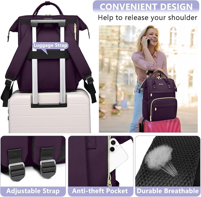 Focdod Women Laptop Backpack Work Bag - Fits 15.6 inch with Laptop Compartment Waterproof Professional Fashion Travel Purse for College Nurse Business Computer Backpack Dark Purple