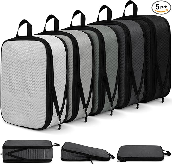 5 Pack Compression Packing Cubes for Travel Space Saving Cubes Luggage Organizer for Suitcase(Mixed Gray,M)