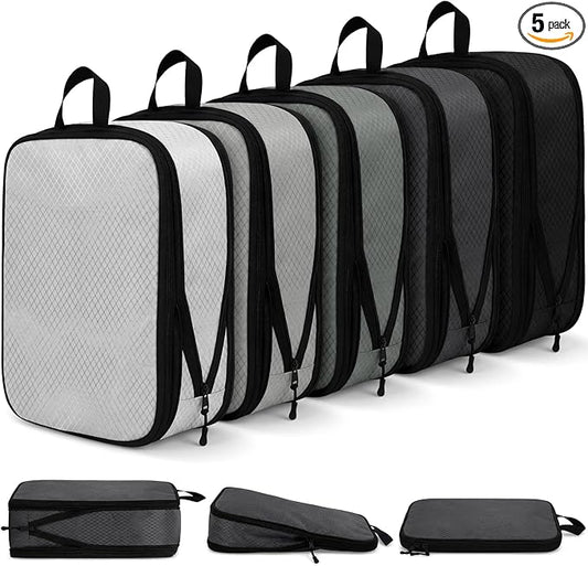 5 Pack Compression Packing Cubes for Travel Space Saving Cubes Luggage Organizer for Suitcase(Mixed Gray,M)