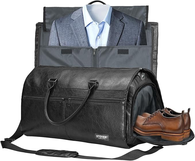 STOVER Garment Travel Duffle Bag, Large 2-in-1 Convertible Carry-on Luggage for Men & Women- Hanging Suits, Dresses & Clothes + Shoe Compartment- Weekender Tote Combo Duffel (Black Leatherette)