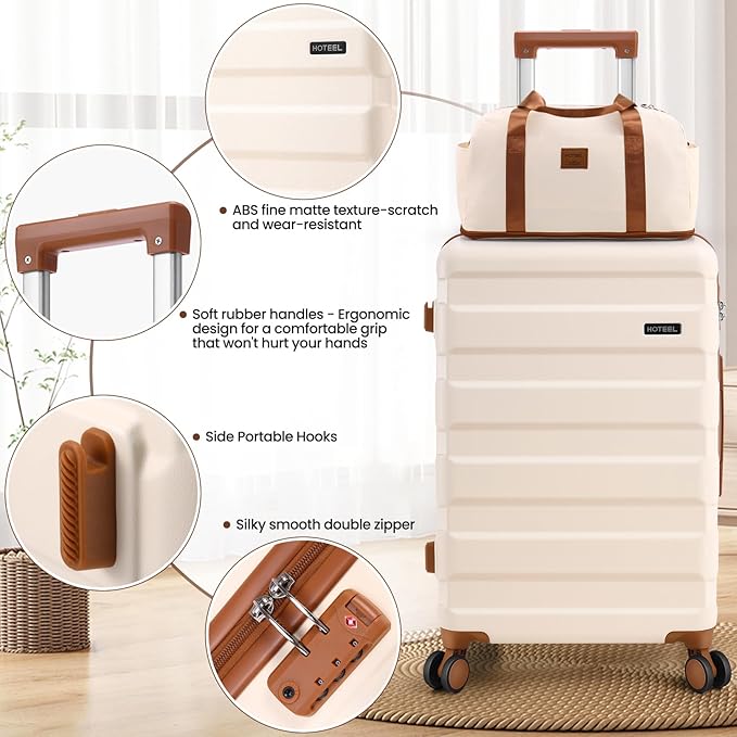 Hoteel Luggage Sets 5 Piece, 4-Year Warranty, Carry-On Luggage with Dual-Spinner Wheels, ABS Hard Shell Suitcase with TSA Locks, Lightweight Luggages for Travel, Beige(20IN/24IN/28IN/DB/TB)