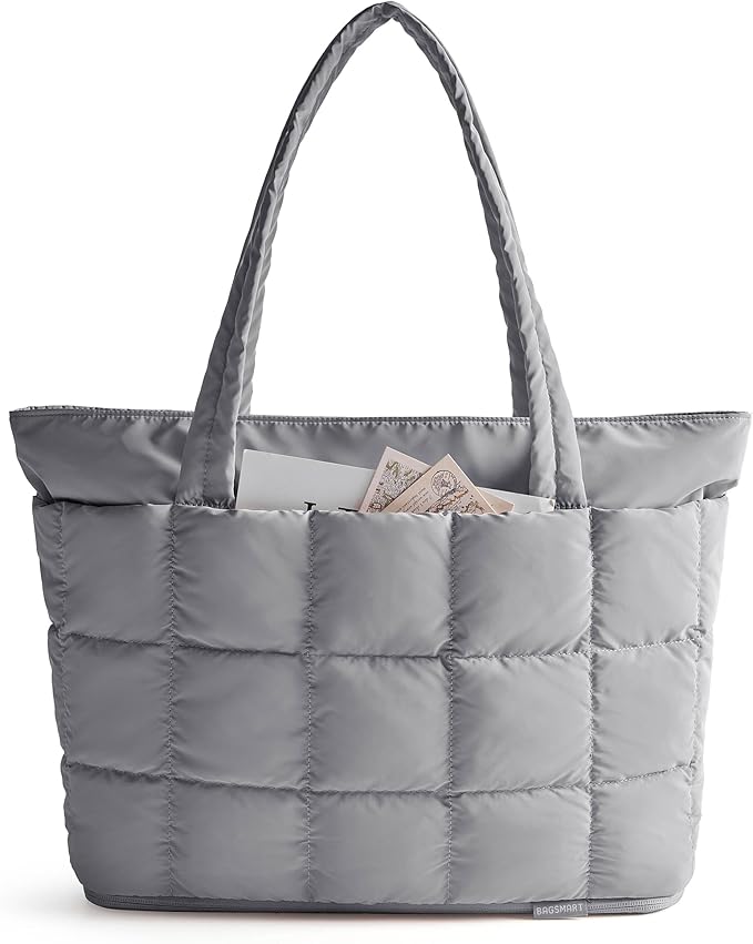 BAGSMART Expandable Tote Bag for Women, Puffer Work Tote Handbag, Quilted Carry On Bag for Travel Gym