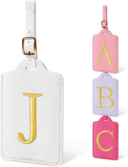 Personalized Initial Luggage Tags for Suitcases, Cute PU Leather Embroidered Letter Travel Luggage Tags, Suitcase Identifier Name Baggage Tag, Bag Tags for Men Women Kids Luggage Handbags(White J)