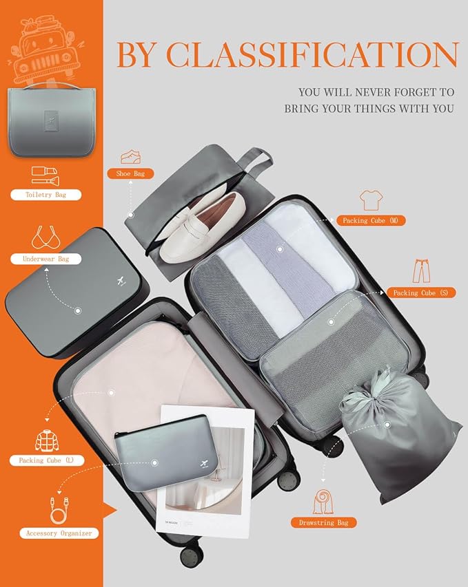 HOTOR Packing Cubes for Suitcases - 8 Pieces, Light Packing Cubes for Travel, Premium Suitcase Organizer Bags Set, Space-Saving Luggage Organizers, Travel Accessories and Essentials, Grey