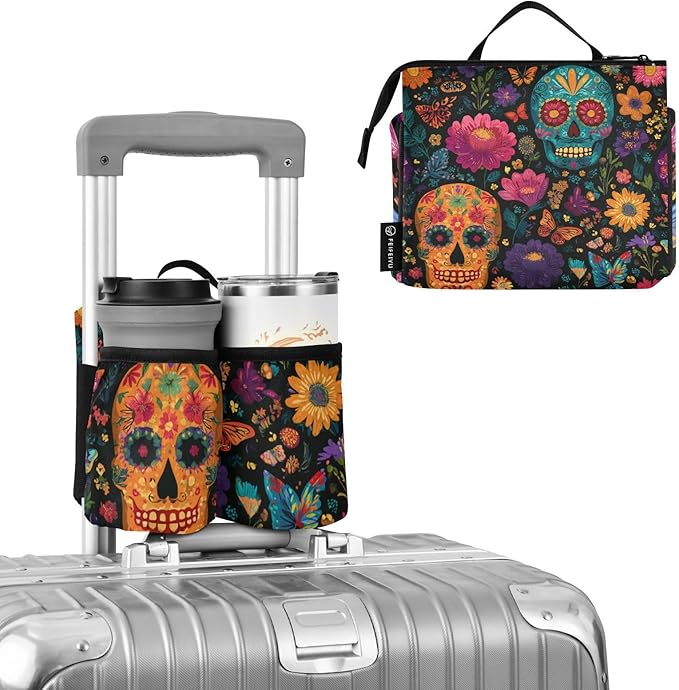 Mexican Folk Art Skulls and Flowers Luggage Cup Holder Travel Portable Free Hand Drink Carrier Suitcase Drinks Beverage Holder Carry-On Bottle Mug Holder Organizer Bag Travelers Accessories