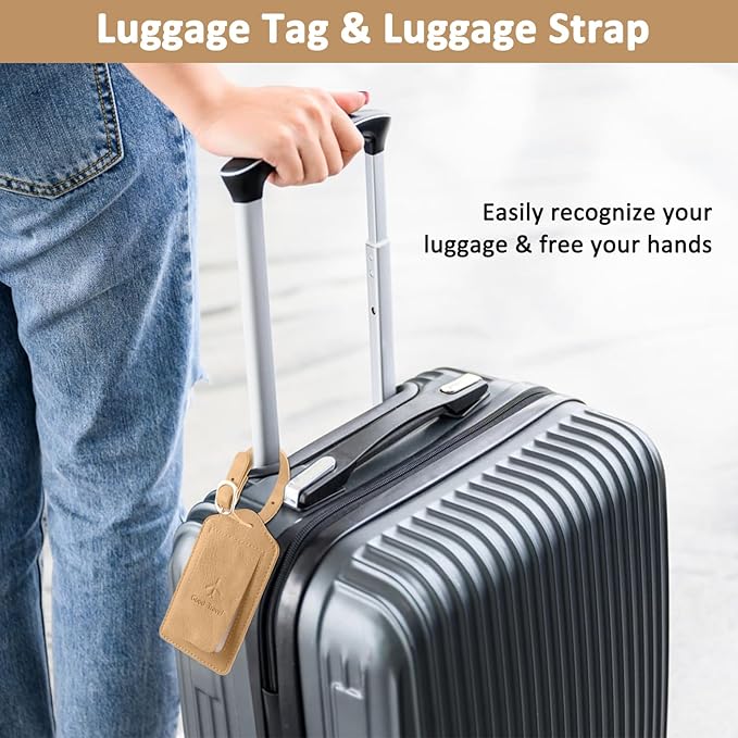 1Pack Luggage Tag, PU Leather Suitcase Tags Identifiers Privacy Cover ID Label for Travel Bag Suitcase with 2 Pack Luggage Straps for Hats, Bags and Travel Accessories(L-Light Golden)