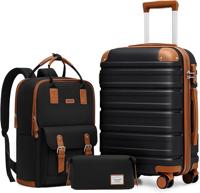 TAKUMI Luggage Sets 3 Piece, 20 Inch Carry On Luggage Set with Backpack, PC+ABS Hardshell Suitcases with Wheels, Lightweight Travel Luggage with TSA Lock for Women, Men （BLACK BROWN, 3 PIECE SET（BP）
