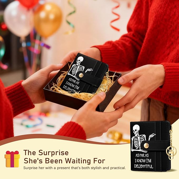 Jogjam Skull Skeleton Rfid Women Wallet, Small Slim Thin Credit Card Wallet, PU Leather Bifold Cash Zipper Coin Pocket ID Window for Female Ladies Teen Girls Girly