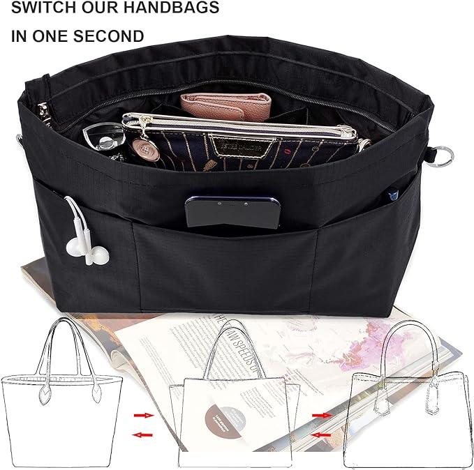 Time Wing Handbag Tote Purse Organizer Insert Bag Liner Shaper Divider Zipper 11 Pockets Compartments X Large Black