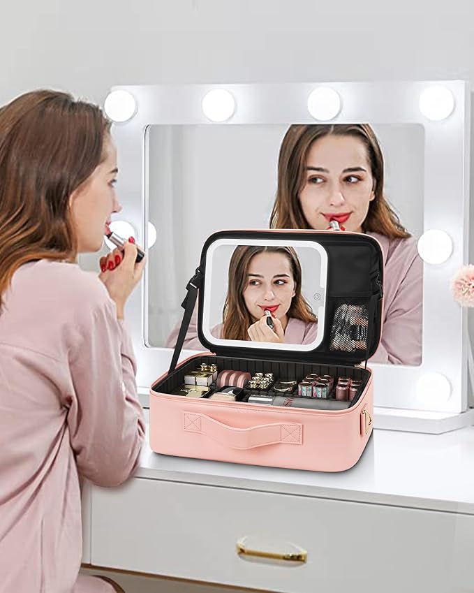 Relavel Travel Makeup Bag With LED Mirror, Portable Cosmetic Bag Organizer with Adjustable Brightness in 3 Color Scenarios, Professional Large Cosmetic Train Case with Shoulder Strap - Pink