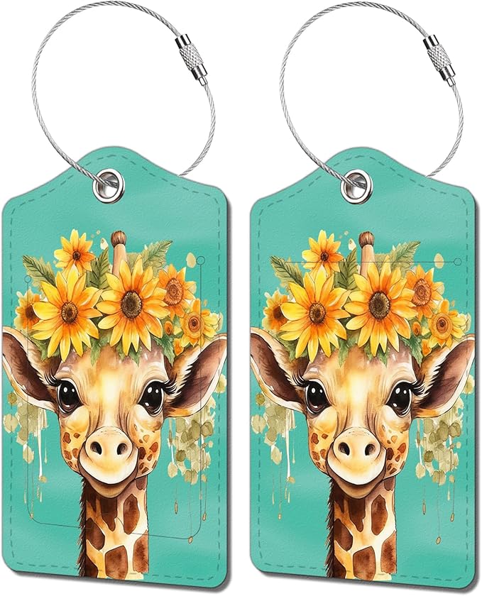2 Pack Luggage Tag for Suitcase, Cute Unique Leather Bag Tags Identifiers Privacy Cover ID Label with Durable Steel Loop for Women Men Kids Girls Travel，GiraffeJ