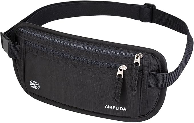 RFID Blocking Money Belt - Passport Holder & Travel Wallet, Slim Hidden Fanny Packs for Women Men - Black