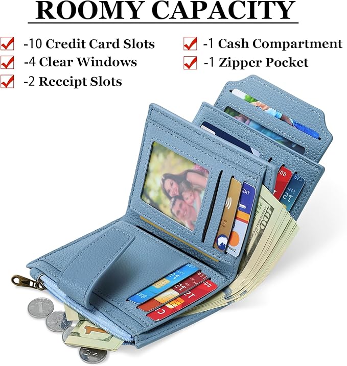 Airkit Small Wallet Women RFID Blocking Soft Leather Bifold Compact Card Holder Wallet for Women with Zipper Coin Pocket 4 ID Window
