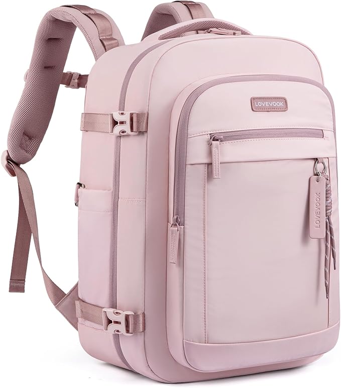 LOVEVOOK 40L Travel Backpack for Women, Airline Approved Carry On Luggage, TSA Personal Item Bag fits 15.6 Inch Laptop, Waterproof Weekender Overnight Suitcase for Work, Pink