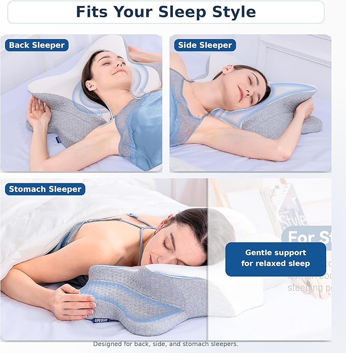 Cervical Neck Pillow - Memory Foam Pillow for Pain Relief Sleeping, Ergonomic Neck Support Contour Pillows for Side Back Stomach Sleepers,Orthopedic Breathable Pillowcase (Grey White)