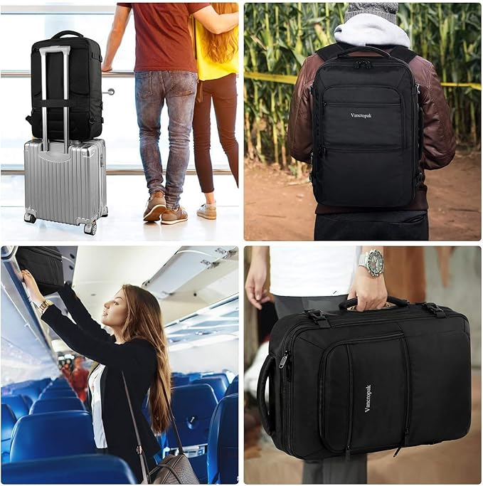 Vancropak Carry On Backpack, 45L Expandable Extra Large Travel Backpack, Flight Approved Water Resistant Luggage Suitcase Daypack, Lightweight Business Overnight Weekender Bag for Men & Women, Black