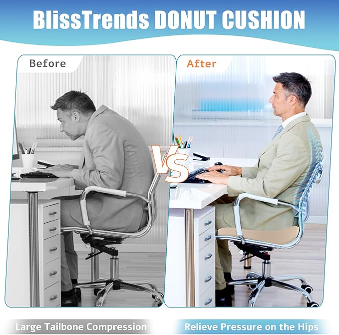 BlissTrends Donut Pillow Seat Cushion,Donut Chair Cushions for Postpartum Pregnancy & Hemorrhoids,Tailbone Pain Relief Cushion,Memory Foam Lifting Cushions for Office&Home Chairs (Khaki)