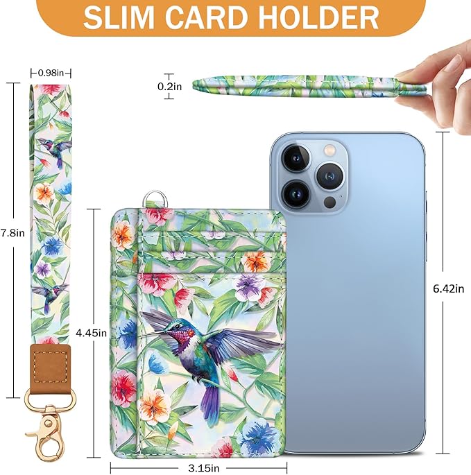 Yonlevres Hummingbird RFID Wristlet Wallet for Women Slim, Small Credit Card Holder Front Pocket Keychain Lanyard, Travel Cute Thin ID Window PU Leather Mini Organizer Case Purse Woman Gifts Ladies