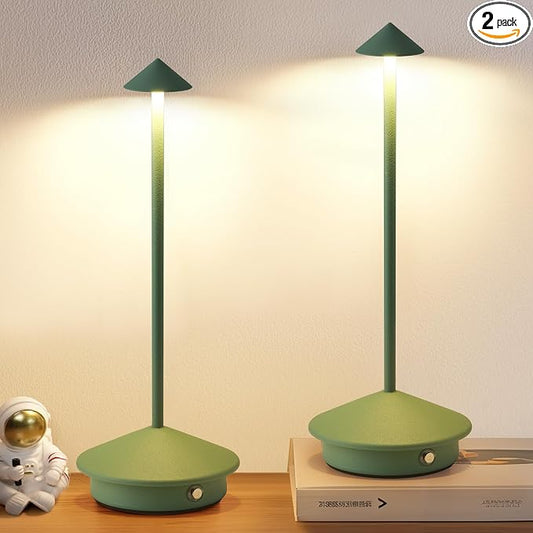Modern Cordless Table Lamp Set of 2, Green Portable LED Desk Lamps | 4000mAh, Rechargeable, Battery Operated Lighting for Bedroom, Dining Room, Restaurant, Coffee Shop, Camping, Night Light
