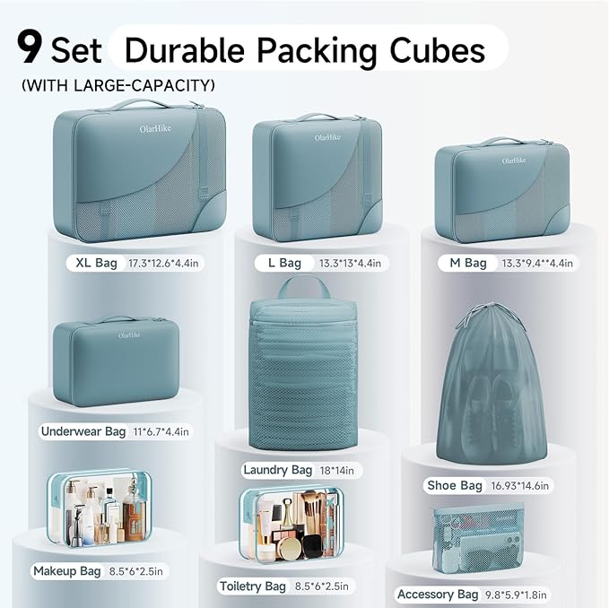 11 Set / 9 Set Packing Cubes for Travel,Gifts for Women Mom Kids,TSA Approved Bags for Makeup, Cosmetic, Toiletry, Organizers for Suitcase Carry On,Cruise Essentials Airplane Accessories,Blue Gray