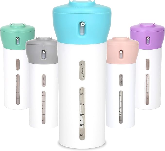 Travigo 4-in-1 Travel Dispenser Bottle, TSA Approved, Leak Proof, Four Reusable 1.4 oz. (40 mL) Toiletry Containers for Shampoo, Conditioner, Soap, Lotion, Skincare (Blue)