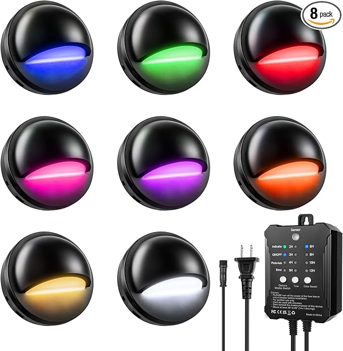 RGB Low Voltage LED Deck Lights Kit with Transformer Timer and Photocell Sensor, IP67 Waterproof Low Voltage Landscape Lighting, Step Lights for Outdoor Walkway Stair Post Railing (8 Pack)