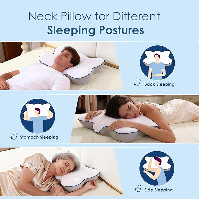 Cervical Neck Pillow for Pain Relief, Ergonomic Side Sleeper Pillow for Neck Support, Cooling Memory Foam Pillows Contour Orthopedic Bed Pillow for Back Stomach Sleepers (White)