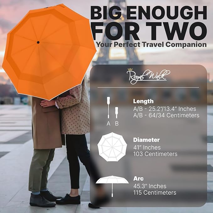Royal Walk Windproof Folding Travel Umbrella Compact and Strong Luxurious Real Wood Handle Automatic Open Close Vented Double Canopy for Men and Women (Orange)