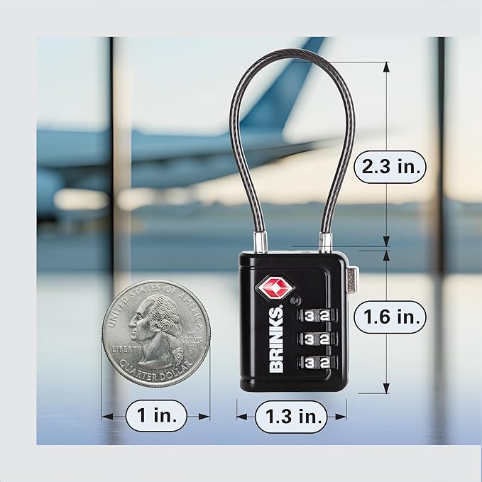 Brinks TSA Accepted Indicator Luggage Lock, Black - Resettable 3-Dial Combination, 2.5 inch Long Cable Shackle, New More Secure TSA008 Key, 2 Pack