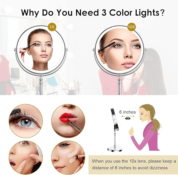 DEIOVWXS Makeup Mirror, 3000mAh Rechargeable Double-Sided Magnifying Vanity Mirror with 3 Colors, 1X/10X, 360° Rotation, Adjustable Brightness, Gifts for Mom, Women,Wife, Girls, Dorm Room Essential
