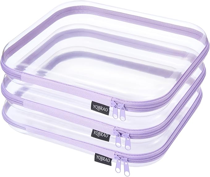 YQBRA 3 Pack Clear Hard Shell Zipper Case, See-Through Hard Plastic Organizer Pouches with Zipper for Travel, Toiletries, Makeup, Electronics & Pencils - Crush-Resistant Storage (L Purple)