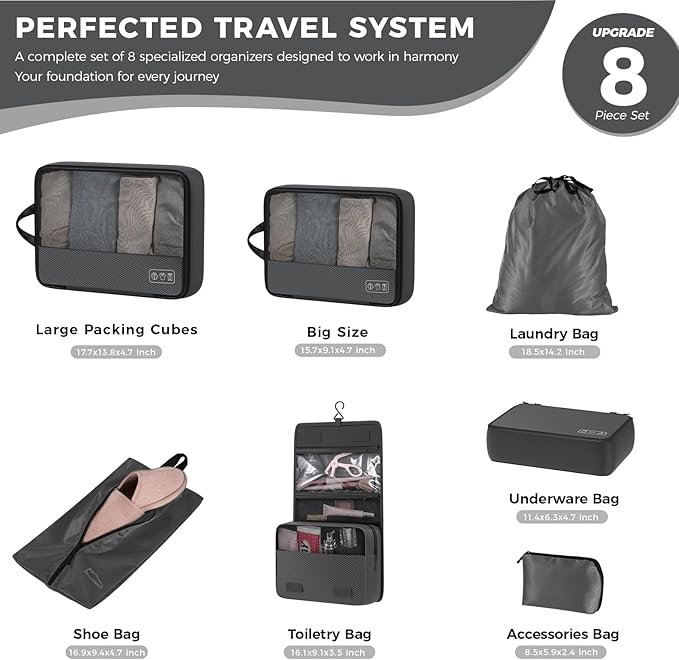 8-Piece Compression Packing Cubes for Travel, Ultralight Luggage Organizer Set with Double Zipper, Space Saving for Suitcase & Carry-On, Ideal for Business Trip Weekend Getaway - Gray