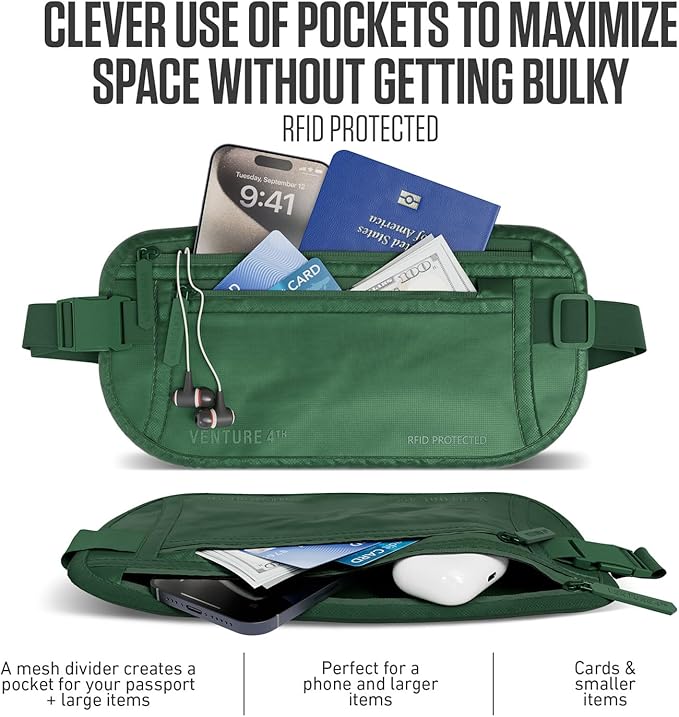 VENTURE 4TH Money Belt for Travel – Hidden Under-Clothes RFID Blocking Passport Holder & Slim Travel Wallet Pouch for Men & Women to Protect Cash, Cards & Documents (Sleek Army Green)