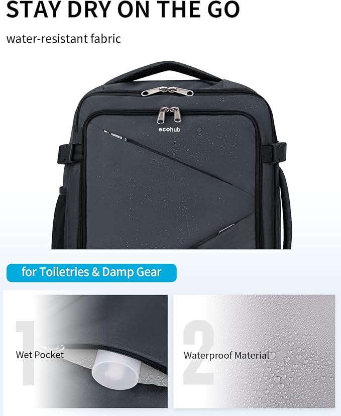ECOHUB Carry On Travel Backpack, Expandable Airlines Personal Item Bag 18x14x8, Water Resistant 17 inch Laptop Backpack Flight Approved, 12 Pockets 30L Work Backpacks with Wet Pocket Cable Slot, Grey