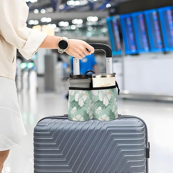DOMIKING Hibiscus Flowers Leaves Tropical Travel Luggage Cup Holder for Suitcase Free Hands Drink Carriers with Storage Pockets for Coffee Mug Bottle