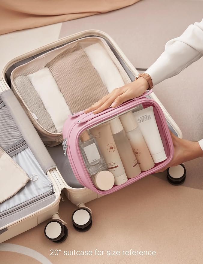 Clear Cosmetic Bag Double Layer Travel Toiletry Bag Clear Makeup Bag Case with 4 Compartments, Transparent Travel Bag for Toiletries, Large Toiletry Bag for Women Cosmetic Case (Pink, Large)