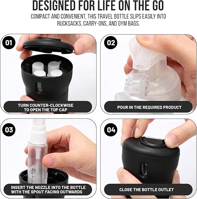 Travigo 4-in-1 Travel Dispenser Bottle Set, TSA Approved, Leak Proof, Reusable 1.4 oz. (40 mL) Toiletry Containers for Shampoo, Conditioner, Soap, Lotion, Skincare (2 Pack, Black & Pink)