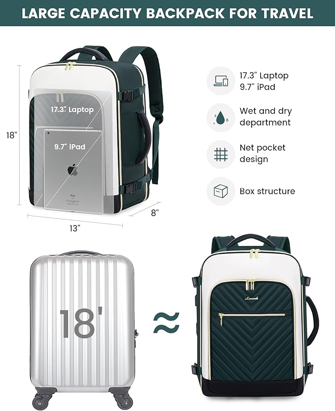 LOVEVOOK Large Travel Backpack for Women, TSA Carry on Backpack for Airplanes, 40L Personal Item Travel Bag for Women fits 17" Laptop,Waterproof Carry on Bag Airplane Approved with 3 Packing Cubes