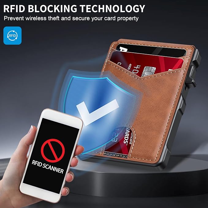 KIKVES Airtag Wallet for Men, Mens Smart Wallet for Air Tag RFID Blocking, Minimalist Bifold Pop Up Aluminum Credit Card Case Holder 12+ Cards with ID Window, Gift for Men, No Airtag Included, Brown