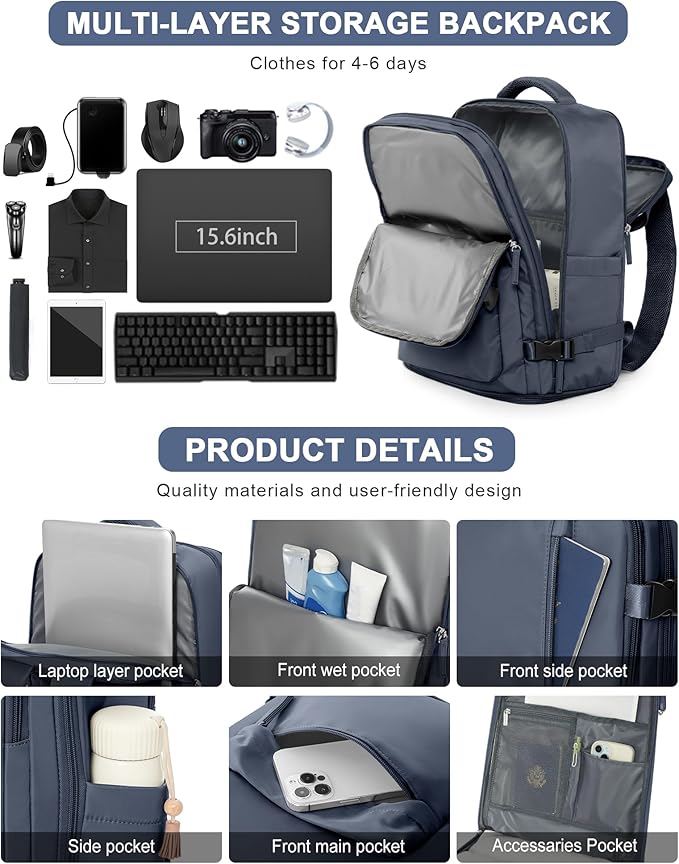 VGCUB Carry on Travel Backpack for Women Men Large Laptop Gym Work Frontier Airlines Personal Item Bag Business Airport Lightweight Backpack Flight Approved Mochilas de Viaje Grey Blue