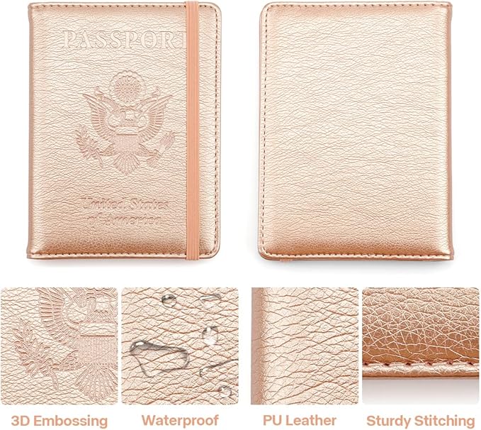 Passport Holder for Travel,Leather Passport Holder RFID Blocking Passport Cover Wallet Passport Case with Pen Holder Passport Holders for Travel Women Men Family Travels Must Haves Essential,Rose Gold