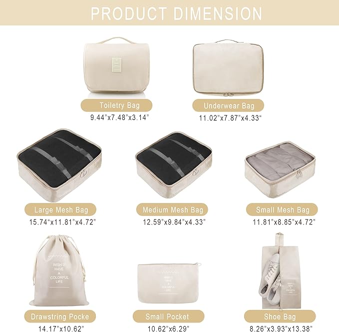 Packing Cubes, 8 Pcs Travel Packing Organizers for Suitcases, Large Capacity Travel Luggage Organizers Set includes 8 Storage Bags (Beige)
