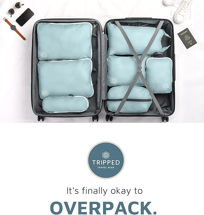 Large Compression Packing Cubes for Travel-Packing Cube Luggage Organizers 7 Piece Set for Checked Luggage-Ultralight, Expandable/Compression Bags by TRIPPED Travel Gear (DustyTeal/White)