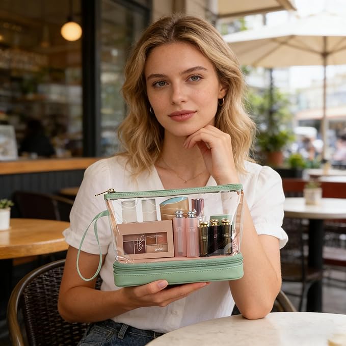 Ethereal Clear Makeup Bag, Green TSA Approved Toiletry Bag with Brushes Compartment Small Travel Make up Bags for Women