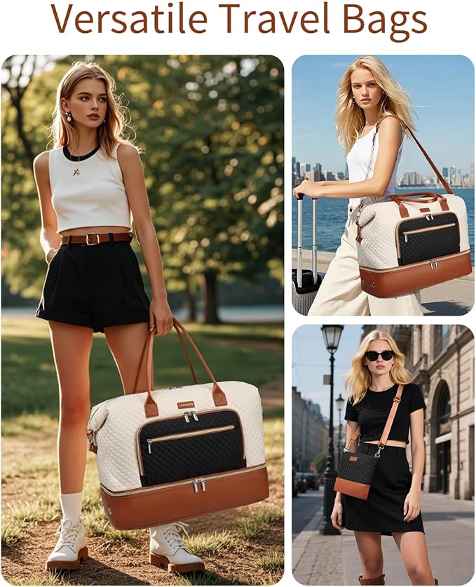 Weekender Bags for Women, Travel Duffle Bag Carry On Overnight Bag with Cosmetics Bag and Crossbody Purse for Gym Hospital, Gifts for Women, Beigeblack Brown