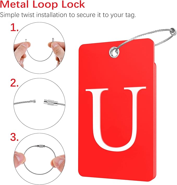 Gostwo 2 Pack Luggage Tags for Suitcases, 26 Initial Letter Travel Luggage Baggage Identification Labels ID Tag Fully Bendable Tags with Stainless Steel Loop (Red) (Letter U)