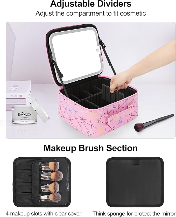 Relavel Travel Makeup Bag with LED Mirror, Portable Cosmetic Train Case with 3 Color Lighted Brightness Mirror, Makeup Artist Organizer Storage with Adjustable Dividers Make Up Box - Pink Strip