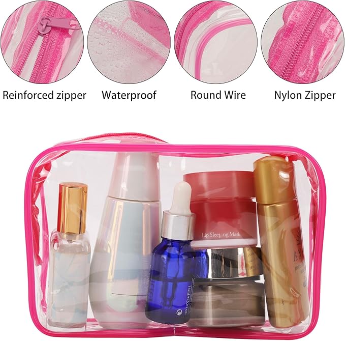 Tbestmax 10 Pcs Clear Cosmetic Bags Small Makeup Bags Portable Waterproof Travel Toiletry Bags Organizer Rose Red, 7.5"x 4.8"x 2.3"
