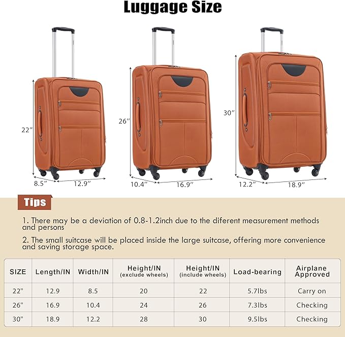 Merax Suitcase Set Softside 3-Piece Expandable Luggage with TSA Lock Spinner Wheels Lightweight Upright Luggage with Travel Bag(22/26/30 IN,Orange)